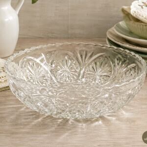 🍽️🥣Anchor Hocking Serving Bowl Clear Cut Glass Retro Etched Vegetable Salad